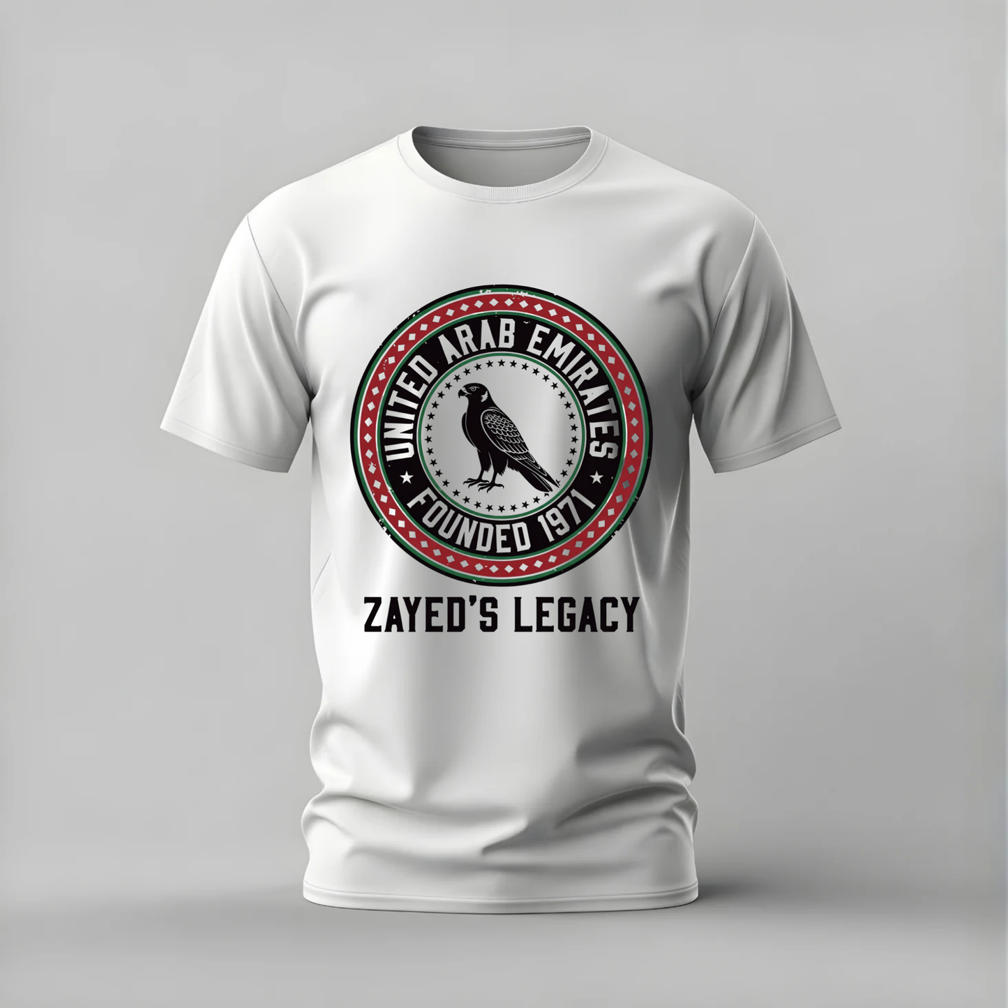 zayed legacy tshirt; uae founded 1971 shirt; zayed’s legacy graphic tee; uae seal tshirt; sheikh zayed shirt; unisex uae tee; men cotton tshirt; half sleeve printed tshirt; streetwear; casual wear; uae merch; heritage graphic shirt
