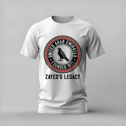 zayed legacy tshirt; uae founded 1971 shirt; zayed’s legacy graphic tee; uae seal tshirt; sheikh zayed shirt; unisex uae tee; men cotton tshirt; half sleeve printed tshirt; streetwear; casual wear; uae merch; heritage graphic shirt
