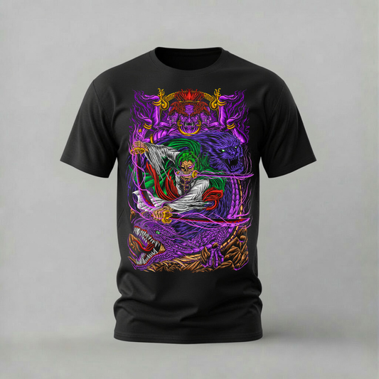 zoro asura tshirt; one piece zoro shirt; asura form graphic tee; zoro dragons tshirt; unisex zoro asura tee; men cotton tshirt; half sleeve printed tshirt; anime merch; casual wear